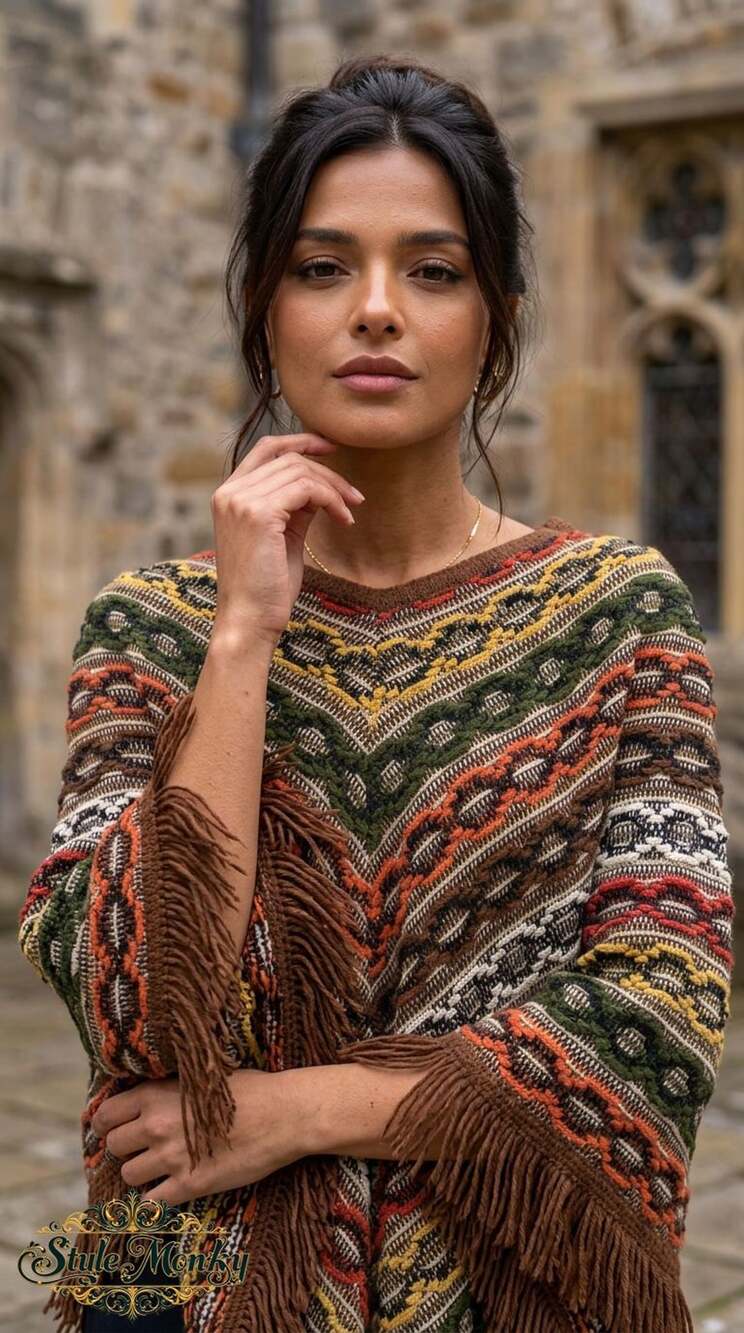 Multicolor Knit Aztec Poncho w Fringe Boat Neck